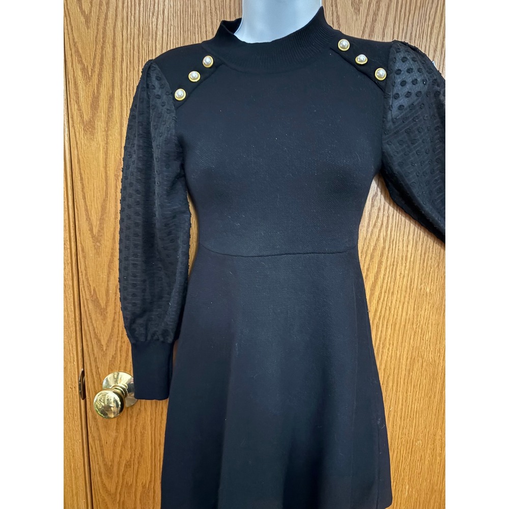 Poppies and Roses Black Knit Fit Flare Dress Pearl Button Swiss Dot Sleeve L